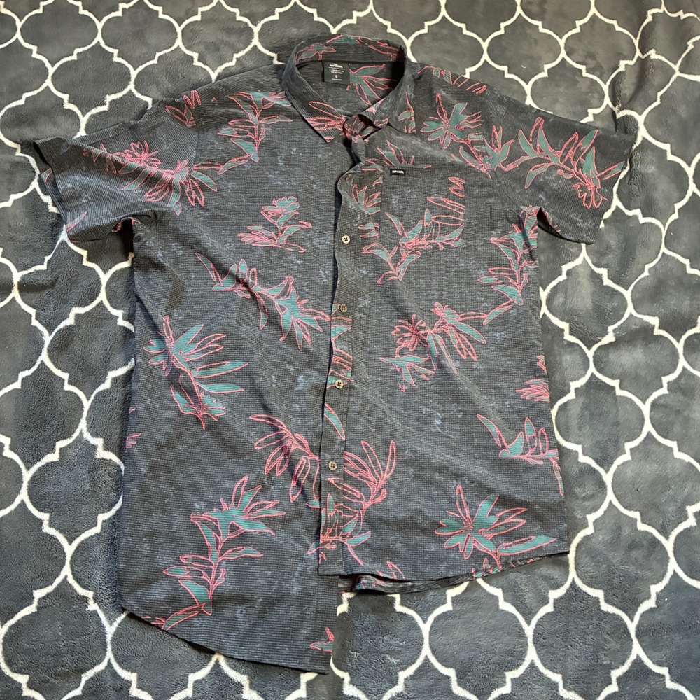 Rip Curl Mens Large Short Sleeve Button Down Shirt Tropical Floral Grey Pink